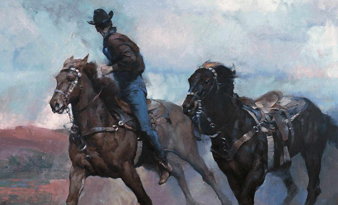 rider on horse looking back