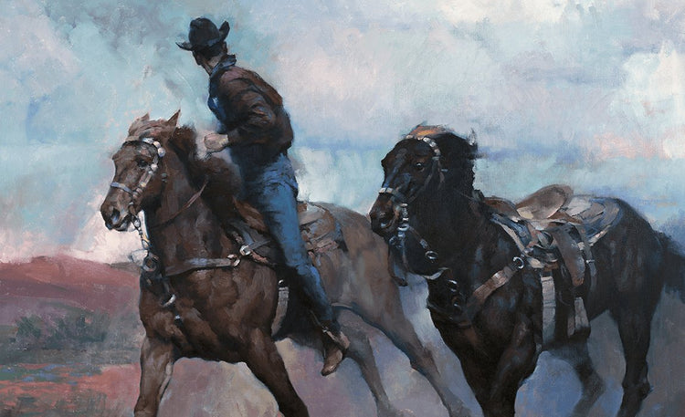 rider on horse looking back